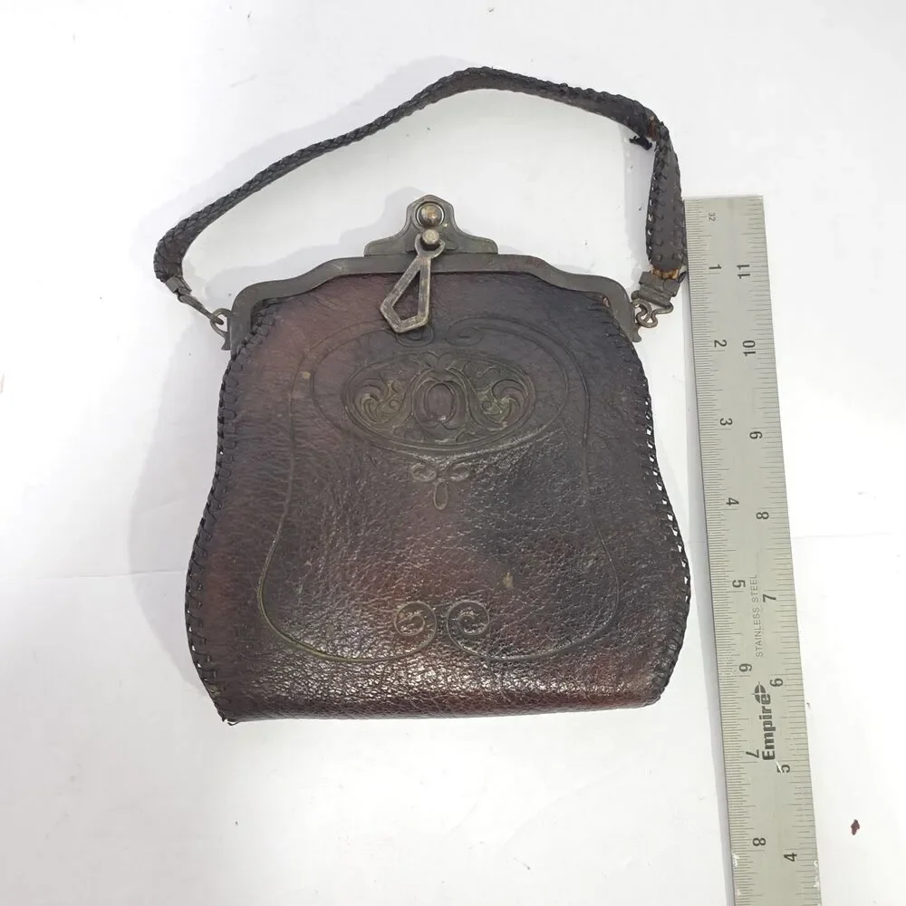 Antique Nocona Hand Tooled Leather Purse Bag Suede Lined Circa 1918 Western Bag